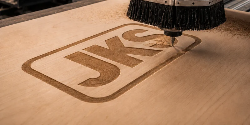 CNC gravando logo JKS em madeira para gabinetes vazios